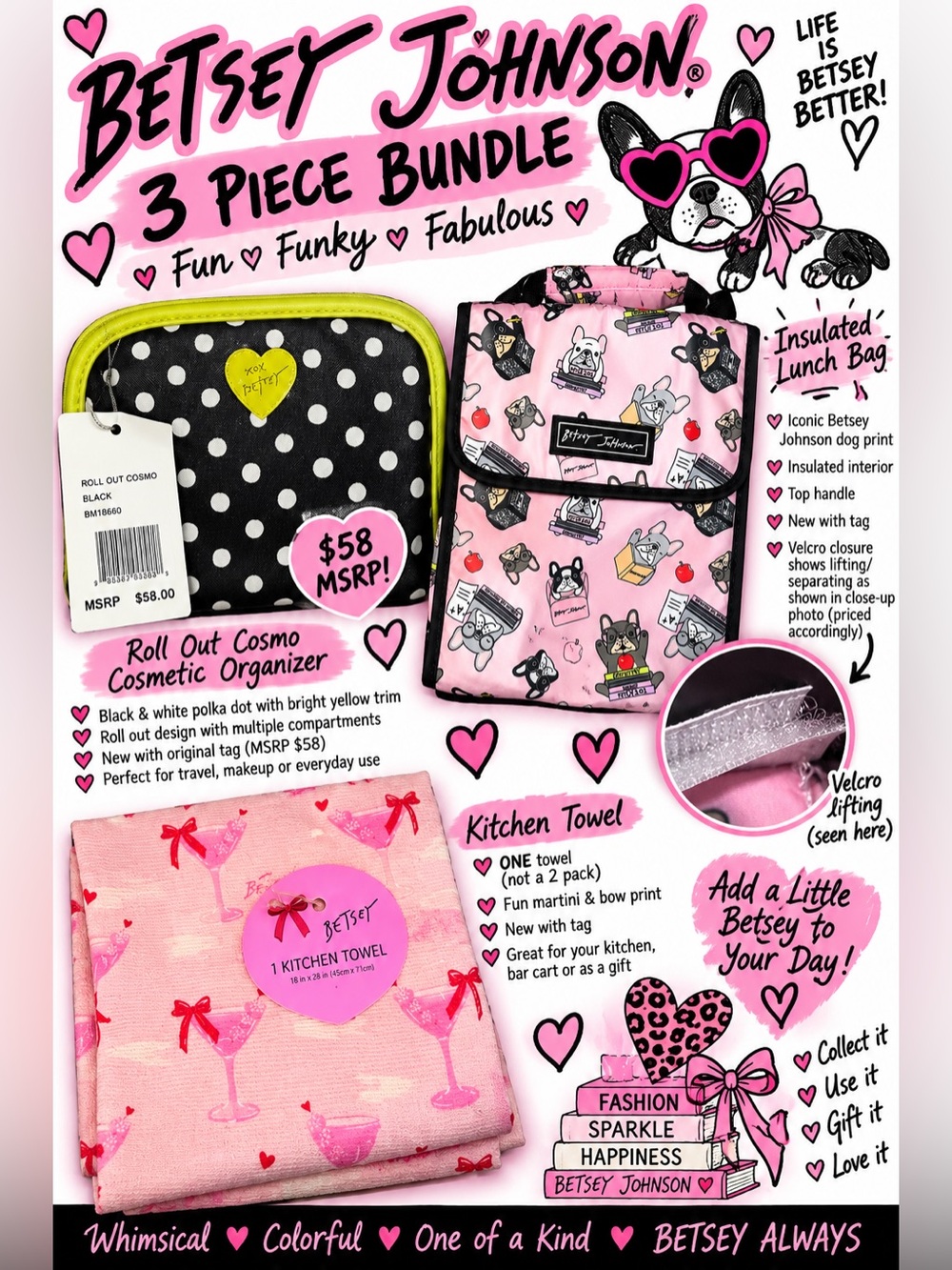 Betsey Johnson Bundle Dog Lunch Bag Cosmetic Case Martini Kitchen Towel NWT